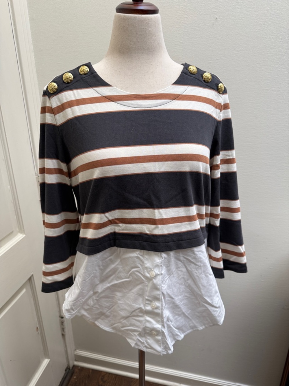 Striped Black and Brown Button-Hem Women's Top
